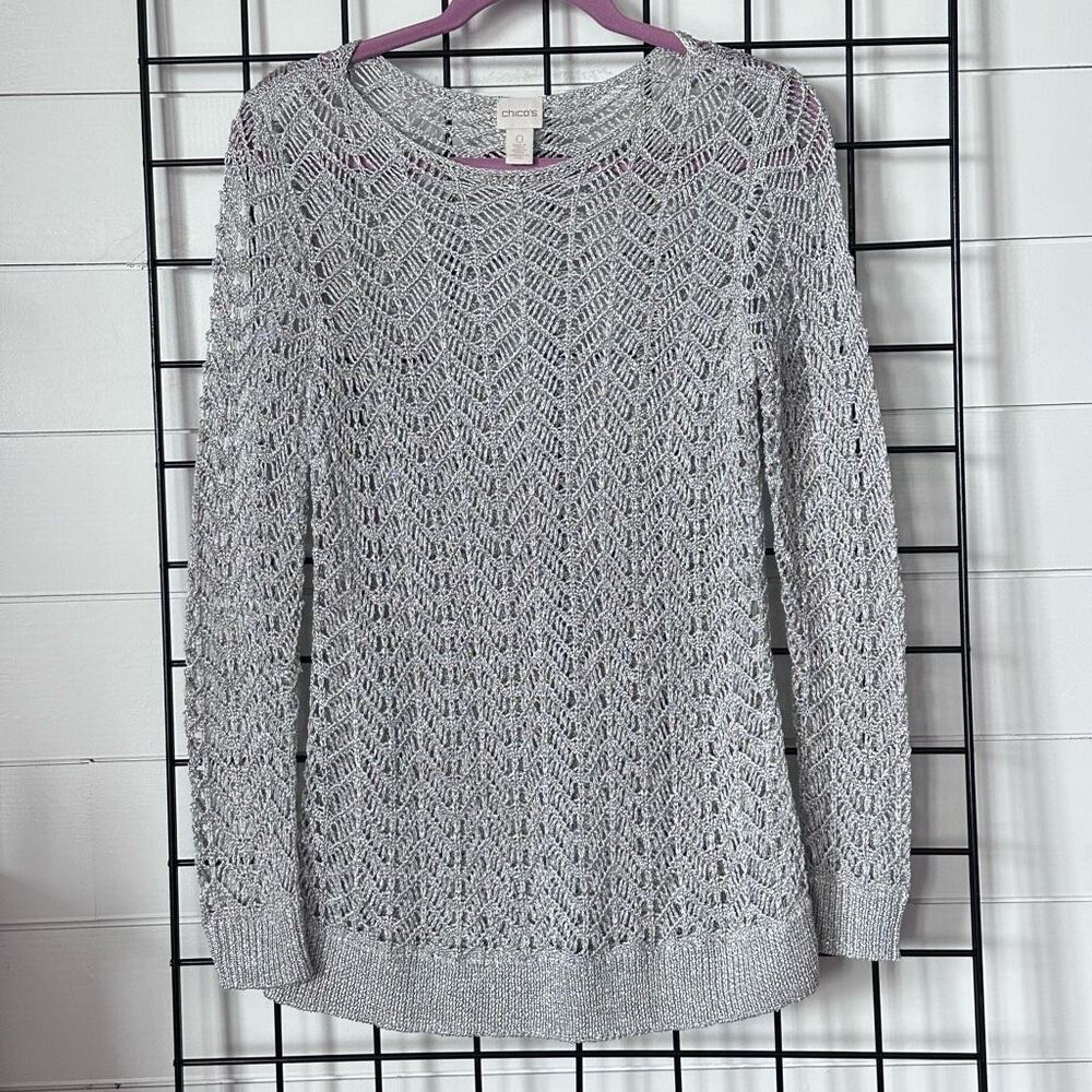 Chico’s Shine Stitch‎ Theodora Pullover Sweater Womens 0 (S) Silver Open Knit